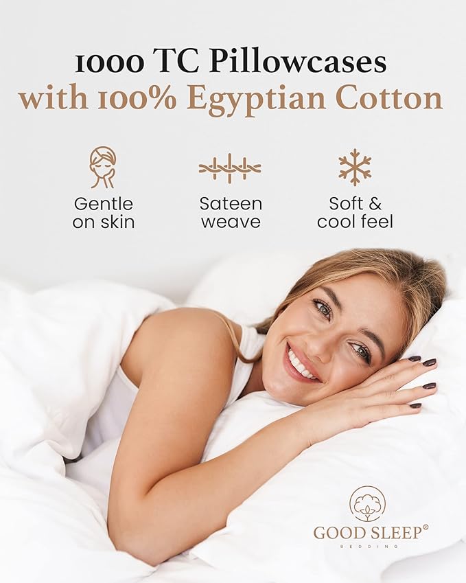 1000 TC White King Pillowcases Set of 2 100% Egyptian Cotton Pillow Cases with Long Staple Cotton & Sateen Weave, Silky Soft Hotel - Like Bed Pillow Covers for Comfy Sleeping, Snug Fit