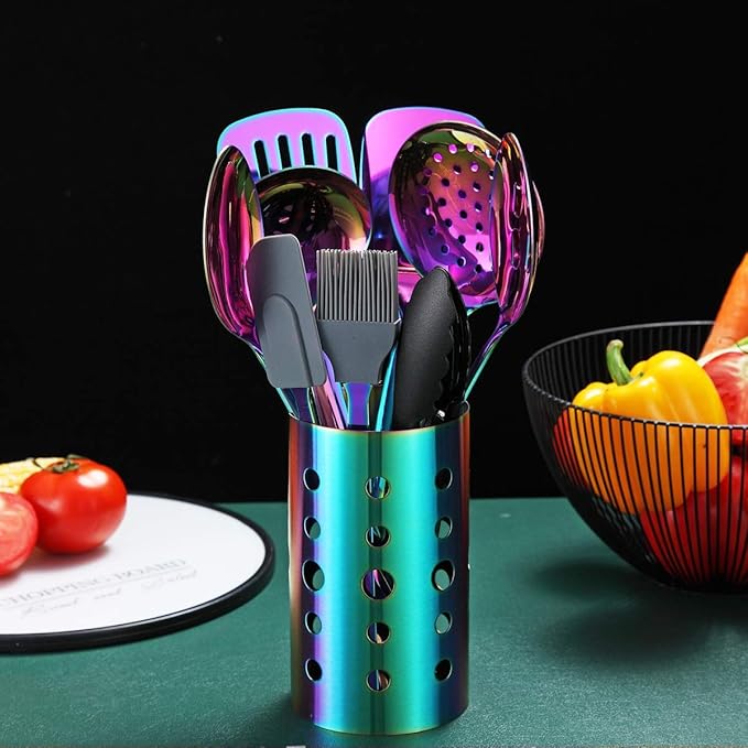Rainbow Kitchen Utensils Set,13 Pieces Stainless Steel Cooking Utensils Set With Titanium Rainbow Plating,Kitchen Tools Set With Utensil Holder For Non-Stick Cookware Dishwasher Safe (13 Packs)