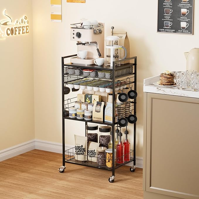 Homsorout Coffee Bar Station with Storage Drawer - 5 Tier Coffee Table Countertop Organizer for K Cups, Tea Bags, Sugar Storage and Kitchen Cabinets (Black)