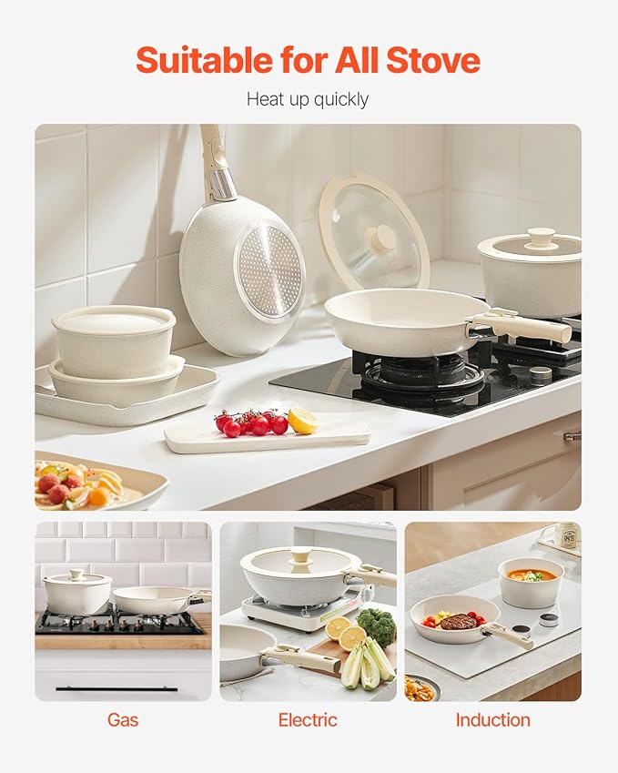 VEVOR 17 Piece Pots and Pans Set Nonstick, Detachable Handle Cookware, Space Saving Induction cookware set, Kitchen RV Cooking Sets, with Frying, Sauce, Saute, Tempered Glass Lids, Oven Safe, White