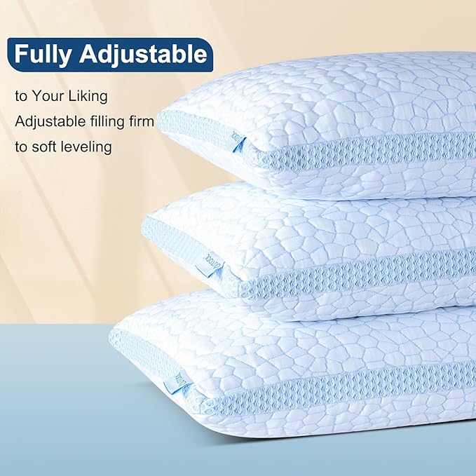 QUTOOL Enhanced Cooling Pillows for Sleeping, CertiPUR-US Shredded Memory Foam Pillows Standard Size Set of 2 for Hot Sleeper, Adjustable Pillow for Side, Back, Stomach Sleepers Support Yet Soft, Blue