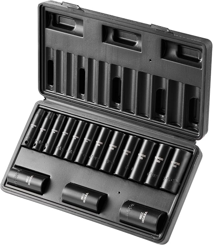 VEVOR 3/8" Drive Impact Socket Set, 15 Piece Deep Socket Set Metric 8-22mm, 6 Point Cr-Mo Alloy Steel for Auto Repair, Easy-to-Read Size Markings, Rugged Construction, Includes Storage Case