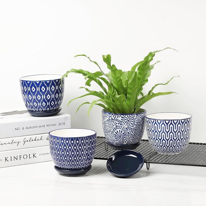 Selamica Ceramic Plant Pots, 4.6 Inch Flower Pots for Indoor Plants, Succulent Pots with Drainage Hole & Saucer, Succulent Planters for Succulent Cactus, Home Decor, Set of 4, Vintage Blue