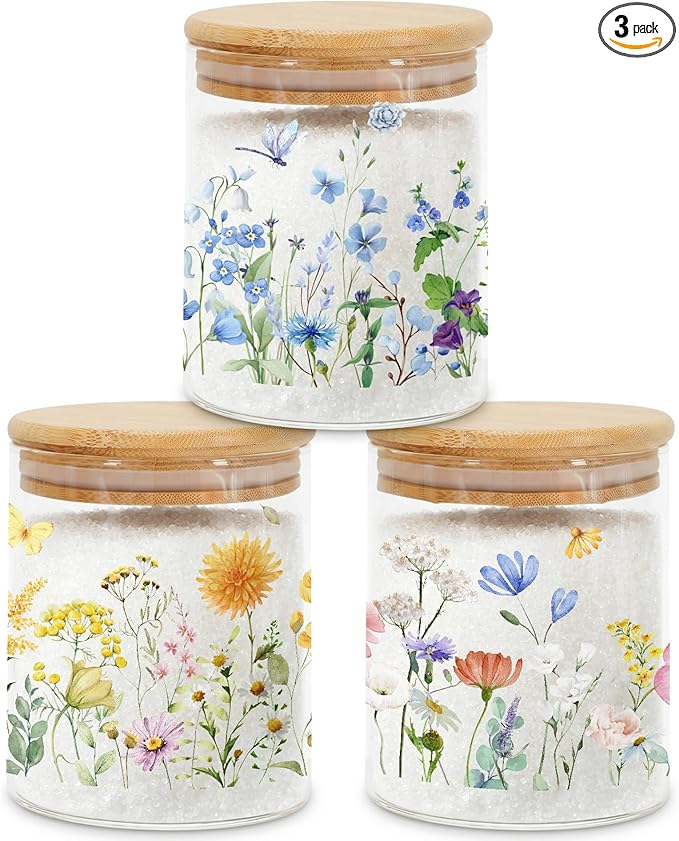 3 Pcs Spring Wildflower Glass Storage Jars with Airtight Lids Wildflower Candy Cookie Jars Gift Spring Canister Set for Kitchen Floral Counter Containers Decor for Sugar Tea
