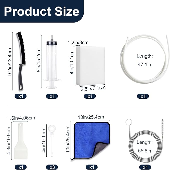 XANGNIER 10 Pcs Refrigerator Water Line Cleaning Kit,Refrigerator Drain Cleaner Tool–55.6 Inch Flexible Drain Brush,Syringe,Unclog Fridge&Ice Maker Cleaner Tools for Ice Dispenser,Sink,AC Drain Line