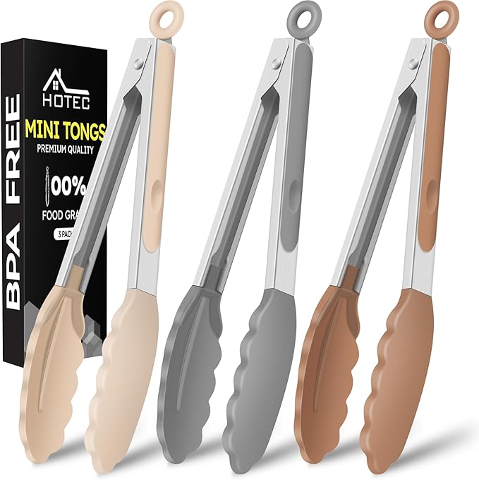 Hotec Mini Silicone Kitchen Tongs for Cooking - 7-Inch Small Serving Tongs with Silicone Tips, Set of 3 (Neutral Color)