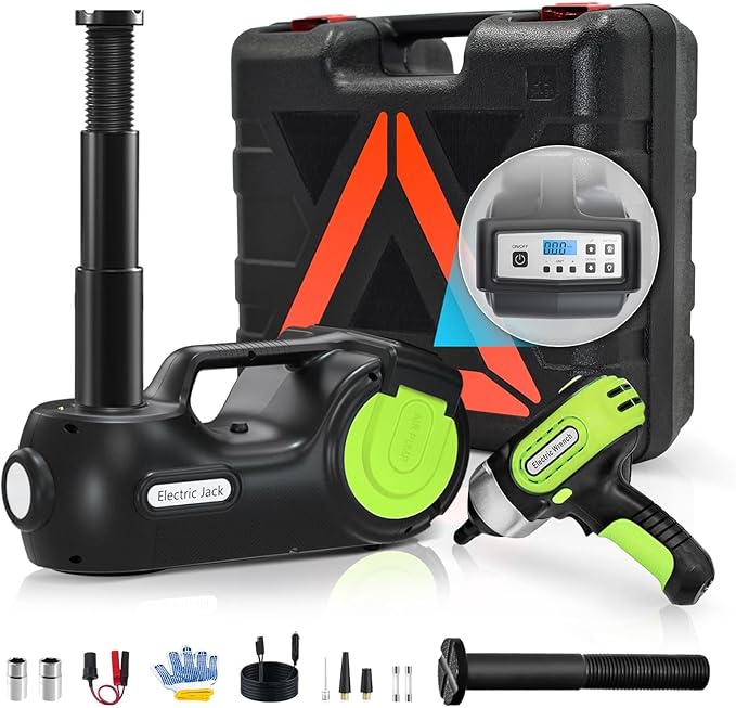 E-HEELP Electric Car Jack Kit 5Ton 12V Hydraulic (Lifting Range: 6.1-20.86 inch) with Impact Wrench & Inflator for Car SUV Sedan MPV with LCD & Tire Pressure Display