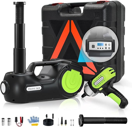 E-HEELP Electric Car Jack Kit 5Ton 12V Hydraulic (Lifting Range: 6.1-20.86 inch) with Impact Wrench & Inflator for Car SUV Sedan MPV with LCD & Tire Pressure Display