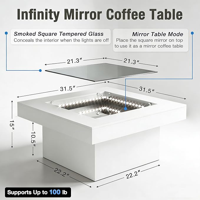 FKWin Modern Coffee Table for Living Room - 31" Endless Depth Mirror Center Table with LED Lights, Unique Square Coffee Table with Tempered Glass-Top, White