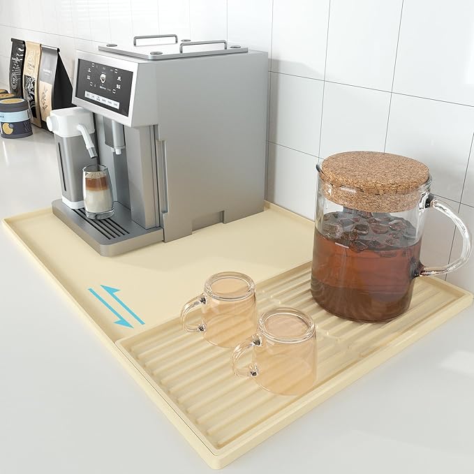 Golener Silicone Coffee Mat Set - 24" x 16" Coffee Bar Mat for Countertop, Kitchen Station Pad Accessories Fit Under Cafe Maker Espresso Machine, Dish Drying Mat, Heat Resistant Kitchen Pad, Beige