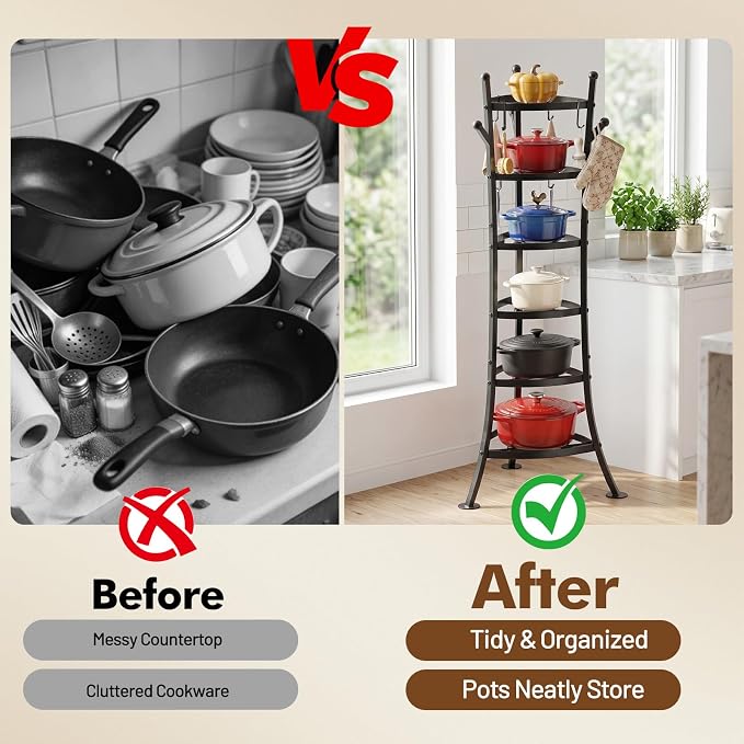 Housolution 6 Tier Pot and Pan Organizer Rack Cookware Storage Tower | 264Lbs Large Capacity, Sturdy Carbon Steel, Reinforced Curved Support Design, Freestanding & Space-Saving
