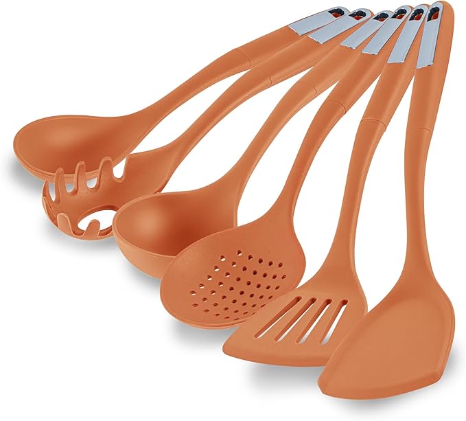 Restaurantware Silicone Utensil Set Pack of 1 Non-Slip Handle 6-Piece Kitchen Tool Set, Heat-Resistant Dishwasher-Friendly Cooking Accessories, Durable Orange Cooking Utensils