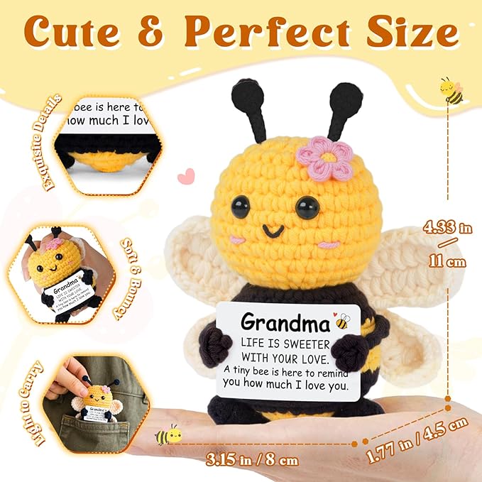 Mothers Day Grandma Gifts from Granddaughter Grandson, Birthday Gifts for Grandma - Cute Handmade Crochet Bee - Valentines for Grandmother, Emotional Support Crochet Decor
