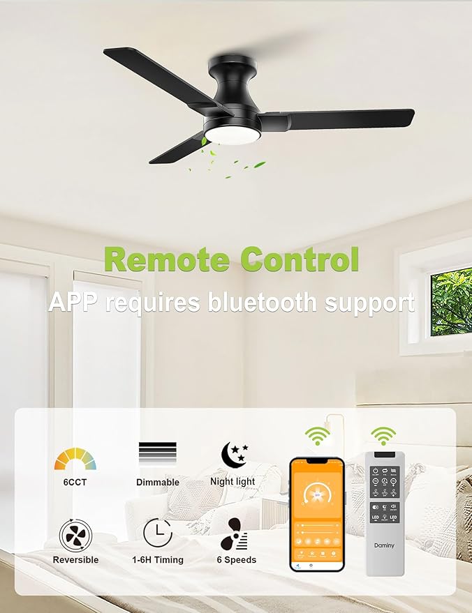 DAMINY 42 inch Ceiling Fans with Lights,3 Blades,6CCT, Low Profile Ceiling Fan with Light and Remote Control,Ceiling Fan for Bedroom, Kitchen,Indoor/Outdoor Use,Flush Mount-Black