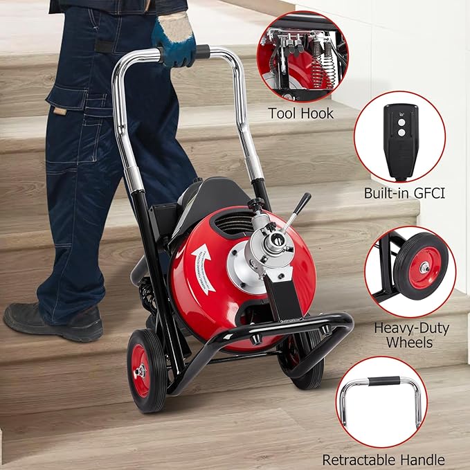 Electric Drain Cleaner Machine, 100FT x 3/8" Cable, 370W Auto-Feed Sewer Snake, 4 Interchangeable Cutter Heads, Air Foot Switch, Portable Auger for 1"-4" Pipes, Home and Commercial Use