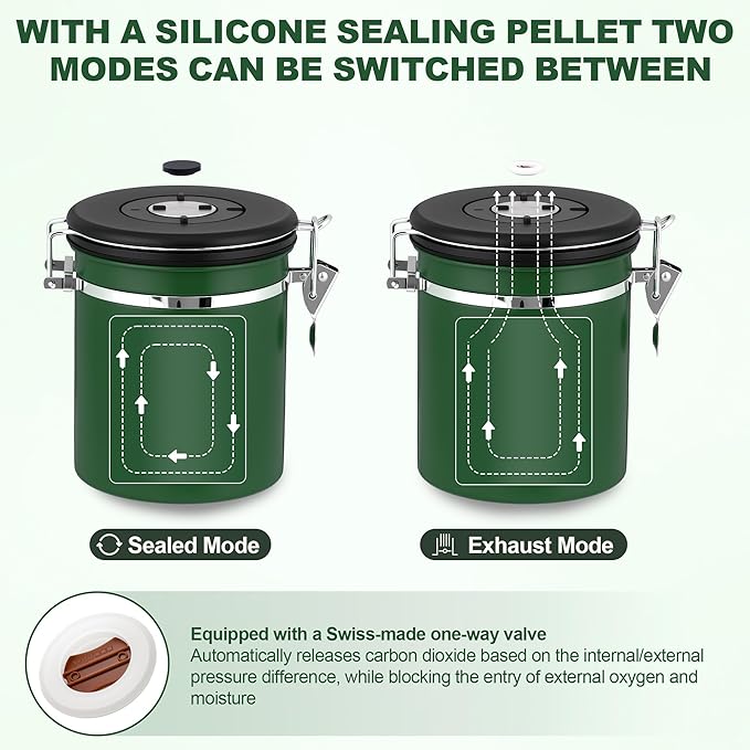 ShanSon Coffee Canister Airtight Coffee Container Stainless Steel Coffee Bean Storage Container with Scoop Coffee Canister for Beans Grounds Sugar Flour Tea Cereal,22OZ, Dark Green