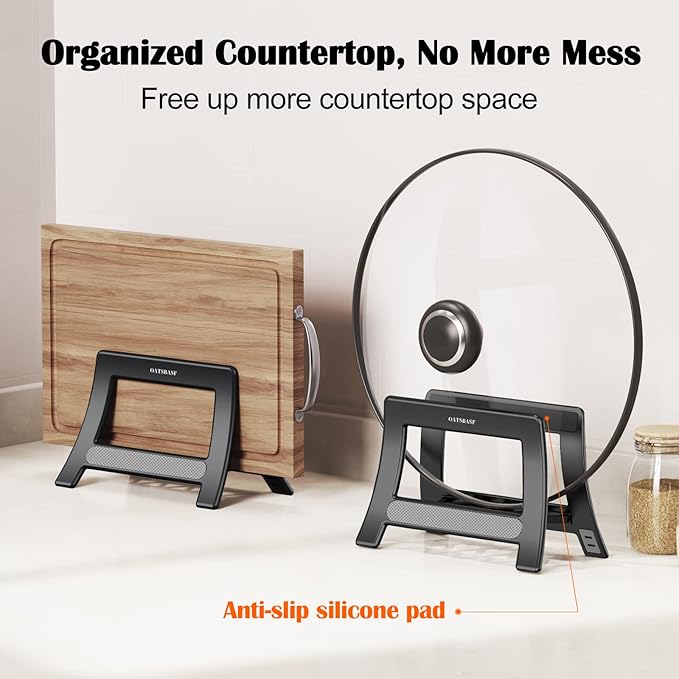Cutting Board Holder, Cutting Board Rack Chopping Board Holder, Auto Width Adjustable Cutting Board Holder Stand for Countertop Counter Kitchen Cabinet pot lid holders (Black)