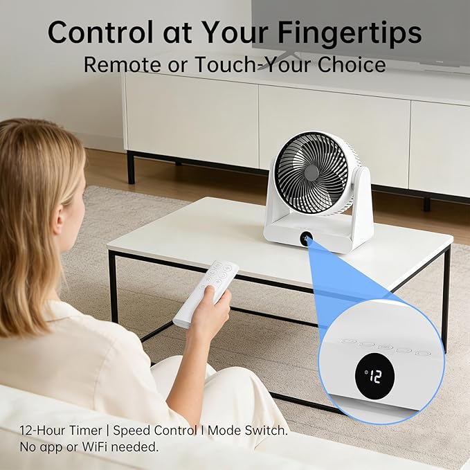 3D Oscillation Air Circulator Fan with Remote, 12000mAh Battery Operated Cordless Desk Fan, 20dB Whisper Quiet Table Fan for Bedroom Home Office, 12 Speeds, 12H Timer, 650 CFM Powerful Airflow