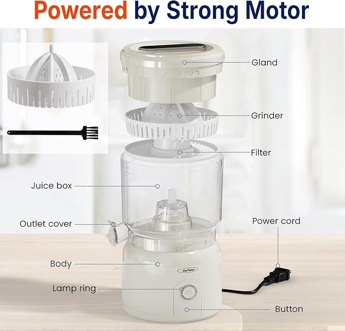 Electric Citrus Juicer, 90W High-Speed Juice Squeezer with 15,000 RPM Pure Copper Motor, Efficient Orange and Lemon Juicer for Soft Fruits, Compact Design with Easy Cleaning, White
