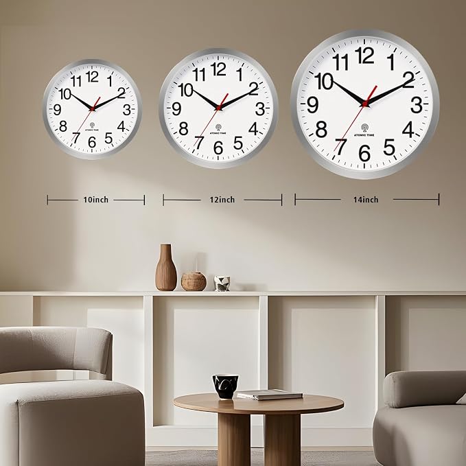 Rohioue Atomic Wall Clock Modern 12 Inch Battery Operated Analog Clock Decorative for Bedroom Kitchen Bathroom Office Home Living Room (Silver)