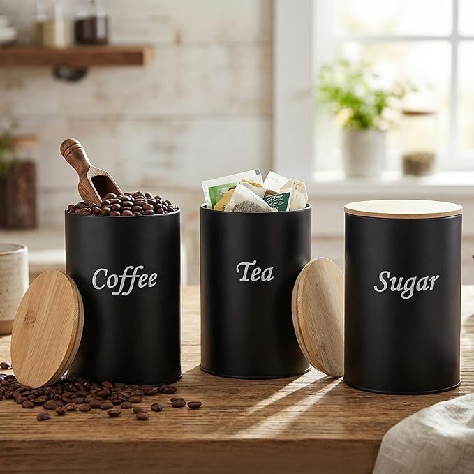 QWORK Metal Kitchen Canisters with Bamboo Lids, 3 Pack Airtight Food Storage Jars for Coffee Sugar Tea Flour Black Rustic Farmhouse Counter Decor, 3.74" x5.6"