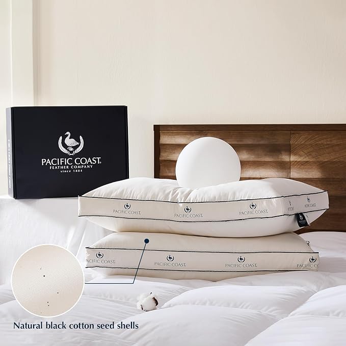 Pacific Coast Goose Feather and Down Pillows, with 100% Organic Cotton Cover, Standard Size Set of 2, Gusseted Design for Sleeping, Hotel Collection, Firm Pillows for Side and Back Sleepers