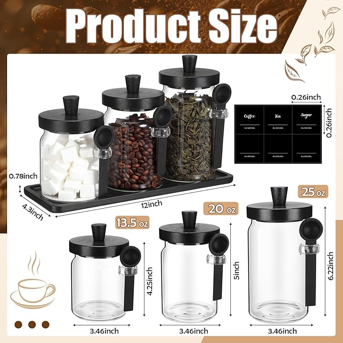 Suclain 3 Pcs Glass Coffee Container with Wooden Lid Spoon Shelf Labels Clear Airtight Jar Food Storage Canister Set for Sugar Spice Coffee Bean Holder Housewarming Gift (13.5,20,25 oz,Black Bamboo)