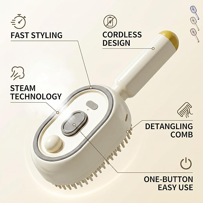 2026 Electric Steam Brush - Rechargeable Detangling Steam Hair Straightener, Reduces Frizz & Static, Nourishes Hair, Portable for Short Styles (Off-White)