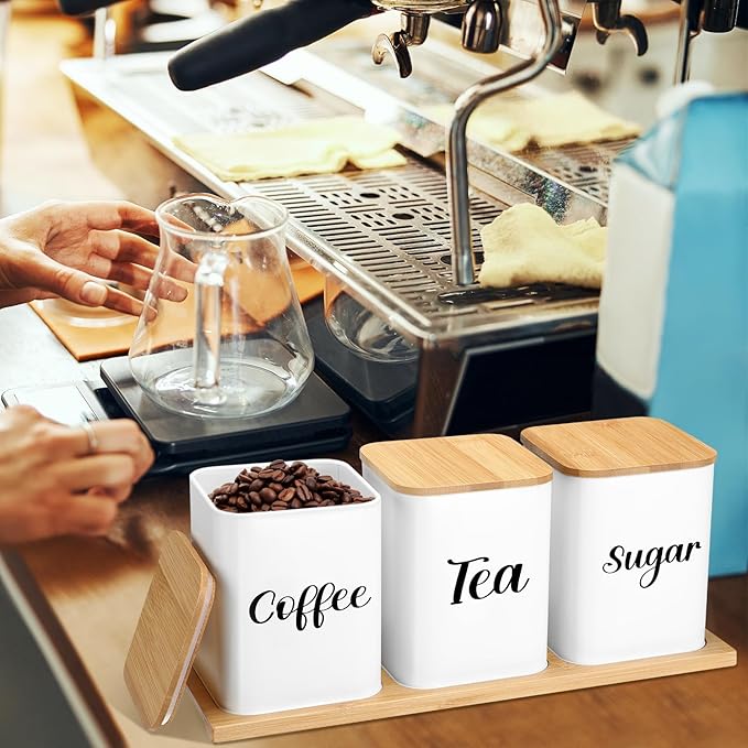 Tioncy Coffee Tea Sugar Container with Tray Set of 3 Airtight Metal Canister with Bamboo Lid Tray for Kitchen Counter Dining Room Farm House Kitchen Style Drink Station Organizer Set(White)