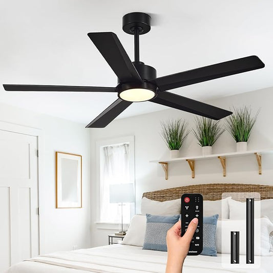 Conciseer Modern Ceiling Fans with Lights,52 Inch Ceiling Fans with Remote for Bedroom Living Room Kitchen, 18W 6CCT Dimmable，5 Blades 6 Speed Reversible Quiet DC Motor Black