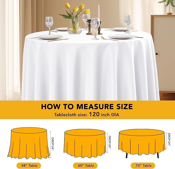 6-Pack White Round Tablecloths, 120 Inches, Stain-Resistant Polyester for 5-6 Ft Round Tables - Washable Table Covers for Weddings, Banquets, Birthday, Parties, Events