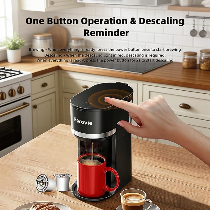 Horavie Small Single Serve Coffee Maker for K Cup and Grounds, Fast Brew One Cup Coffee Machine with One Button, 6 to 12 oz. Brew Sizes, Perfect for Home and Travel, Black