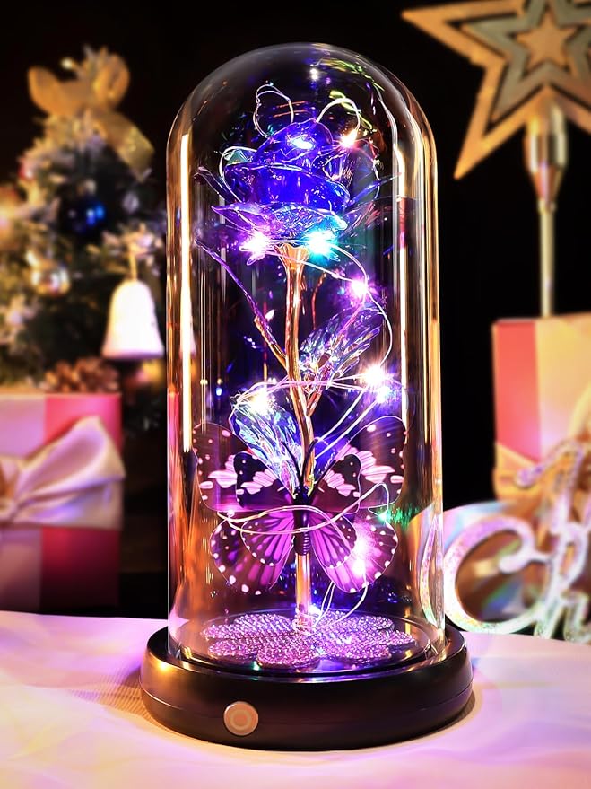 Mothers Day Rose Gifts for Mom Birthday Gift for Women, Rechargeable Galaxy Glass Rose in Glass Dome Crystal Roses Butterfly Mother's Day Flowers Gifts for Women Mom Wife Grandma Daughter, Purple