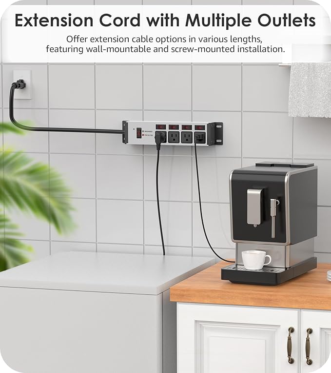CCCEI Heavy Duty Surge Protector Power Strip 20 Amp Individual Switches. 20FT 12 Gauge Extension Cord with Multiple Outlets. Kitchen, Garage, Shop, Industrial Wall Mount Electric Extender, Grey.