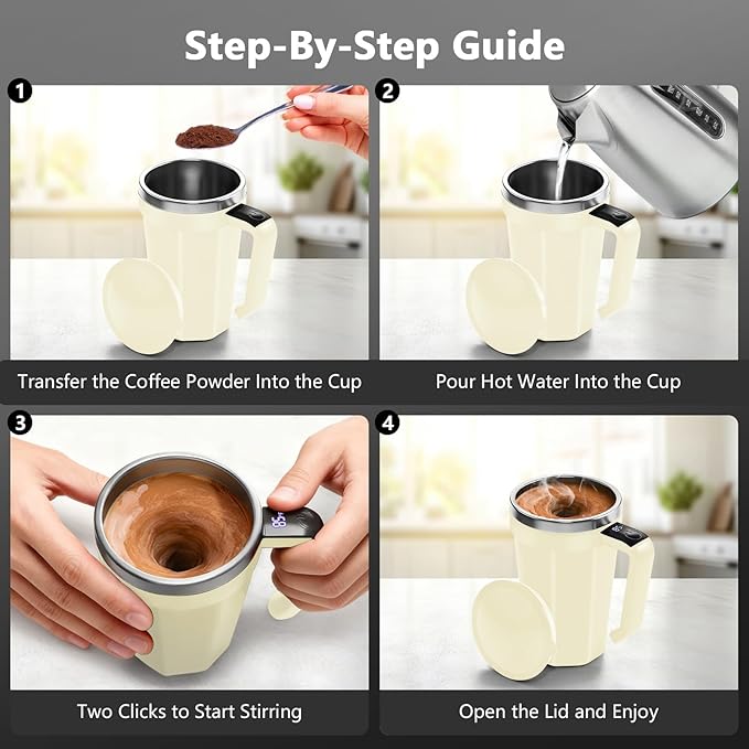 Self Stirring Coffee Mug with Temperature Display, 18 oz Rechargeable Self Stirring Mug with Lid, Automatic Self Stirring Cup with Stainless Steel for Coffee, Milk, Beverages, White