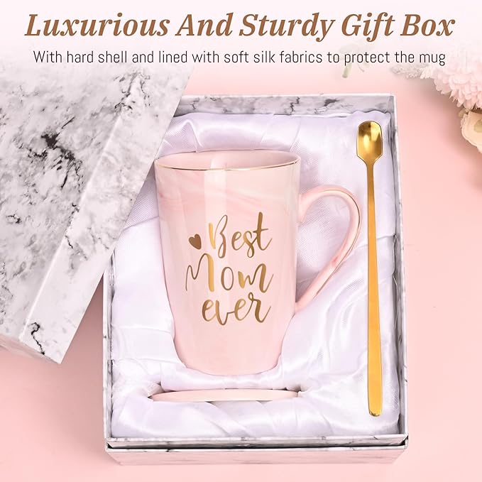 YHRJWN Mothers Day Gifts for Mom, Best Mom Ever Coffee Mug, Mom Mothers Day Gifts from Daughter Son, Moms Gift Idea for Birthday, Valentines Day, Present for Moms Mothers, 14 Oz Pink