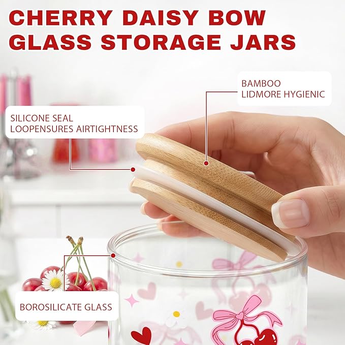 3 Pcs Pink Cherry Bow Glass Storage Jars with Airtight Lids Pink Cherry Candy Cookie Jars Gift Bow Coquette Kitchen Decor Canister Cute Kitchen Containers Gifts for Sugar Cookie