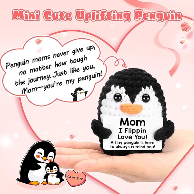 Mothers Day Birthday Gifts for Mom from Daughter Son, Handmade Crochet Mini Penguin Mom Gifts for Mother‘s Day Birthday Mama Mommy Mother in Law Bonus Step, Funny I Love You Moms Small Cute Decor