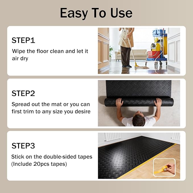 StellarStar 4x20 FT Garage Floor Mat, 2mm Thickened Ribbed PVC Diamond Plate Garage Mat with 20PCS Tapes, Rubber Flooring Rolls for Under Car, Rubber Motorcycle Mat for Golf Cart, Trailer, Black