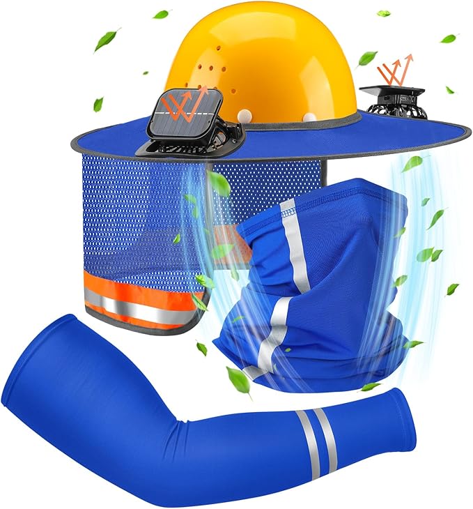 1 Set Sun Hard Hat Shade Full Brim Hard Hat Sun Visor with 2 Solar Fans and Neck Sunshade Cover UV Reflective Strap Arm Sleeves for Construction Workers Outdoor Protection(Blue)