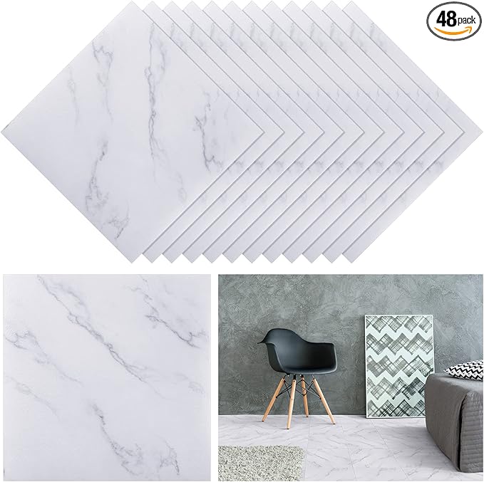 Spiareal 48 Pieces Peel and Stick Floor Tiles Vinyl Flooring 12 x 12 Inch Stick on Floor Tile Self Adhesive Waterproof DIY for Bathroom Kitchen Bedroom Living Room(White Marble)
