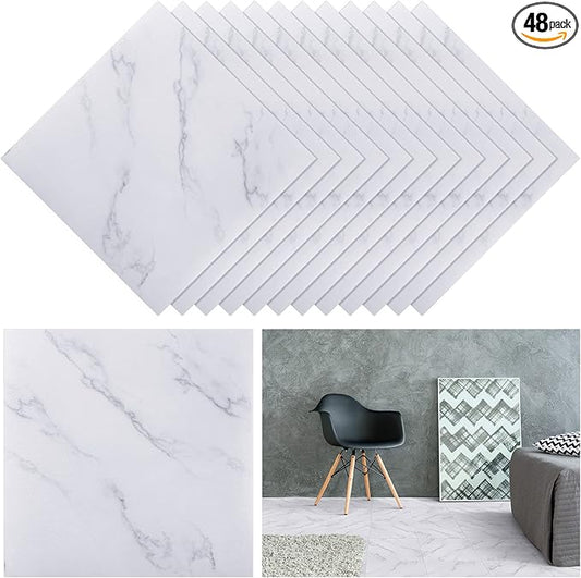 Spiareal 48 Pieces Peel and Stick Floor Tiles Vinyl Flooring 12 x 12 Inch Stick on Floor Tile Self Adhesive Waterproof DIY for Bathroom Kitchen Bedroom Living Room(White Marble)