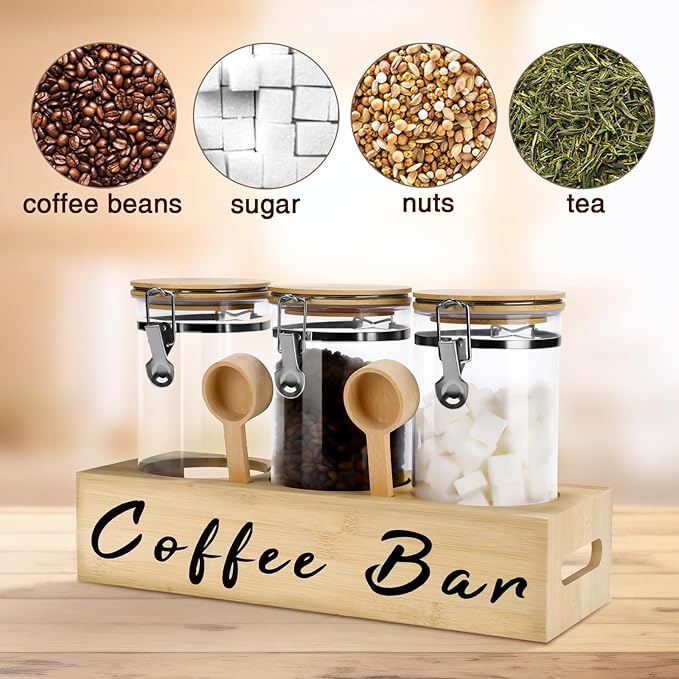 3 x 54 oz Glass Coffee Bean Storage Container with Shelf 3PCS Glass Containers with Airtight Locking Clamp Lid Spoons Coffee Canister Set Jars for Kitchen Food Storage Tea Sugar Wood