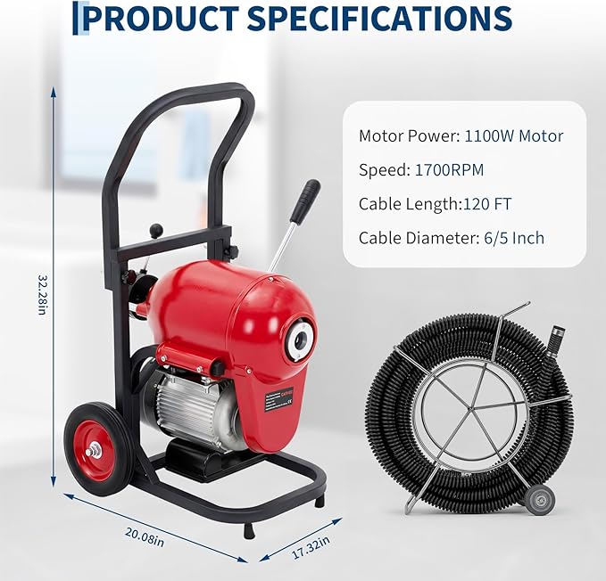 Garvee Electric Drain Cleaner Machine, 1100W Manual Feed Sewer Snake Auger, 120 ft x 6/5 in Cable, CW/CCW Control, 6 Cutter Set, for 4–8 in Pipes