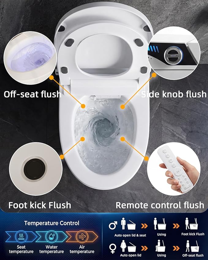 TOTTE Premium Smart Toilet with Bidet Built-in, 1000g MaP Flush Score, Foam Shield, ADA Comfort Height Heated Seat, Automatic Lid, Warm Air Dryer & Instant Warm Water, Tankless Toilet