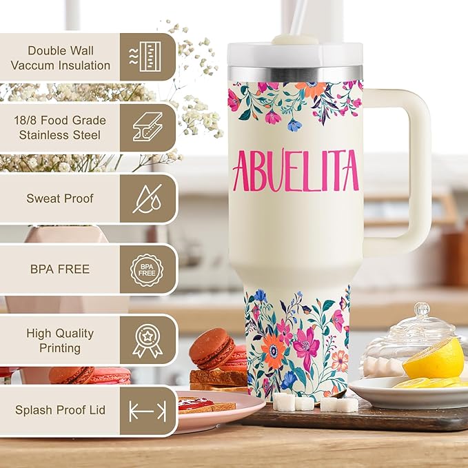 ROSTANTEN Abuelita Gifts Mothers Day Gifts for Abuelita Regalos Para Abuelita Feliz Cumpleaños Abuelita Abuela Gift for Birthday Christmas 40oz Travel Cup Insulated Tumbler with Lid & Straw