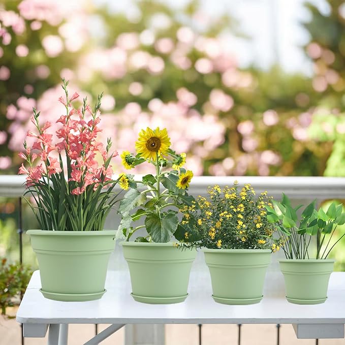 Pottiffe 13 Inch Plastic-Flower-Pot-for-Indoor-Plants, 4 Pack Large Outdoor Planter Pot with Drainage Holes & Saucers, Resin Decorative Garden Pots Planters