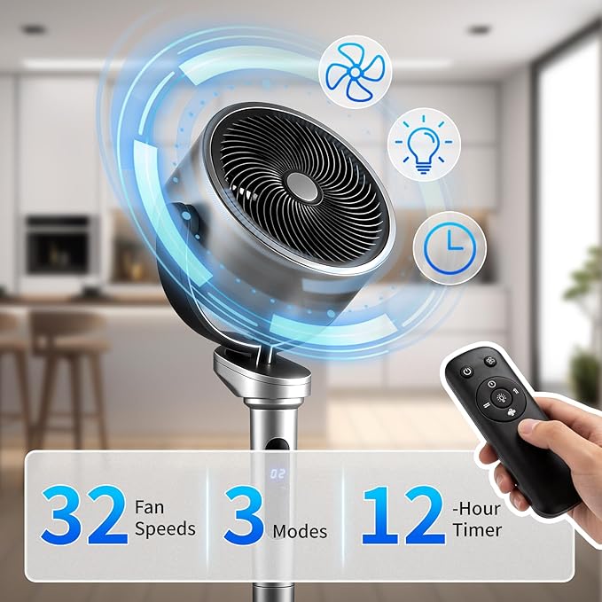 Winado Air Circulator Pedestal Fan, 32-Speed Standing Fan with Remote, 120° Oscillating Standing Fan for Whole Room, 39-46'' Adjustable Height, 12H Timer, DC Motor, Quiet Fan for Bedroom