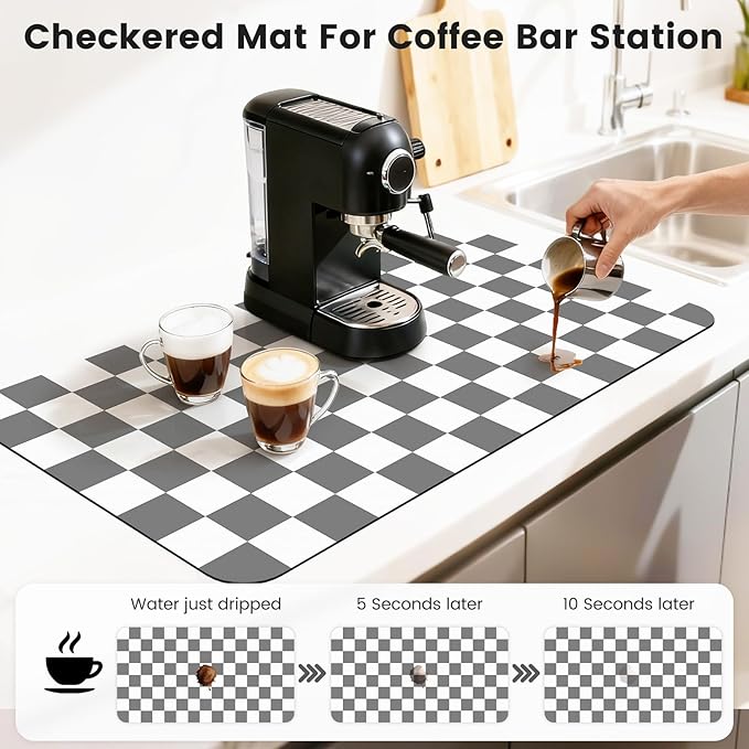 17" x 32" Checkered Dish Drying Mat for Kitchen Counter, Absorbent Coffee Bar Mat for Espresso Machine Coffee Countertops Accessories, Grey