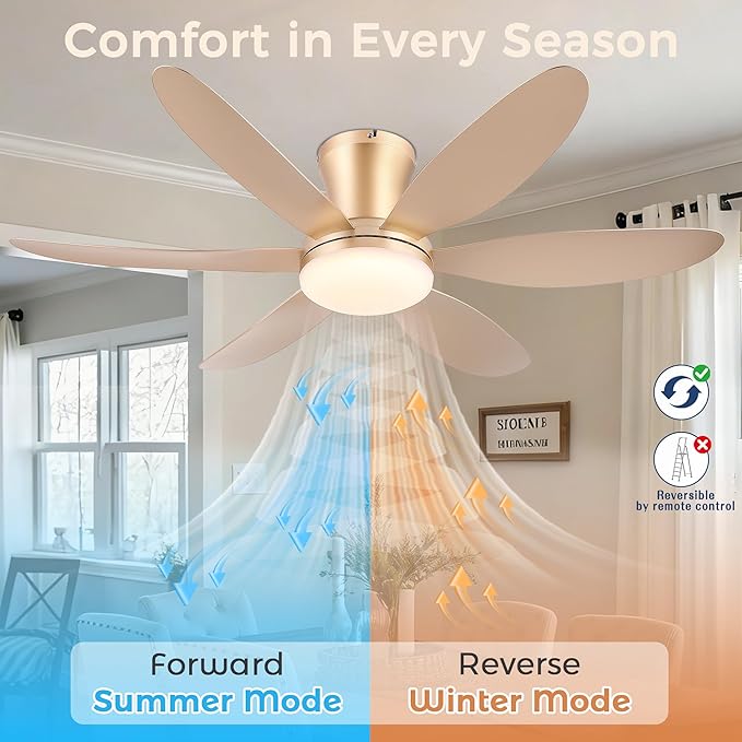 GJeg Ceiling Fans with Lights,42" Low Profile Ceiling Fan with Light and Remote Control,Flush Mount, Reversible, Dimmable, Noiseless,Gold Ceiling Fan for Bedroom